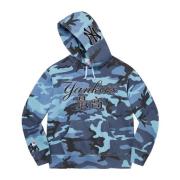 Supreme Begränsad upplaga Yankees Kanji Hoodie Blå Camo Blue, Herr