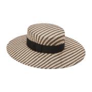 Nina Ricci Randig Raffia Canotier Hatt i Sand Beige, Dam