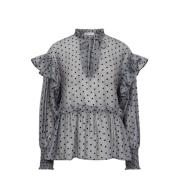 Co'Couture Polka Dot V-Frill Blus Ljusgrå Gray, Dam