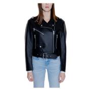 Calvin Klein Svart Dragkedja-Front Faux Läder Blazer Black, Dam