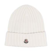 Moncler Vit Ribbstickad Beanie Logo Patch White, Dam