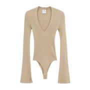 Courrèges Räfflad V-ringad Body i viskos Beige, Dam