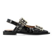 Ganni Svart Croco Spänne Ballerina Skor Black, Dam