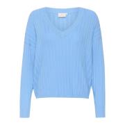 Kaffe Blårandig Stickad Pullover Tröja Blue, Dam