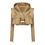 Balmain Bomullscropped huva jacka Beige, Dam