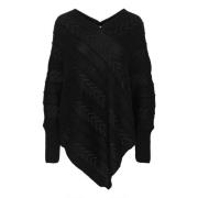 Cream Svart Stickad Poncho med V-Hals Black, Dam