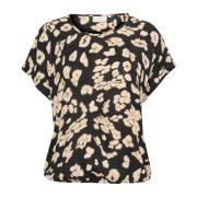 Kaffe Leo Print Blus Kort Ärm Rund Hals Black, Dam