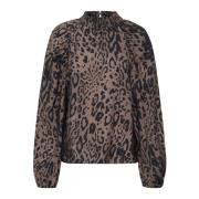 Kaffe Leopardmönstrad Blus Topp Brown, Dam