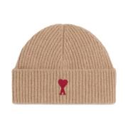 Ami Paris Räfflad Stickad Logopatch Mössor Beige, Unisex