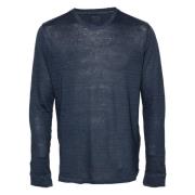 120% Lino Blå Linne Crew Neck Långärmad Blue, Herr