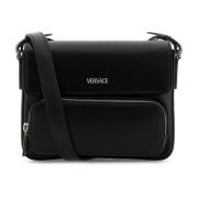 Versace Stilren Svart Läder Crossbody-väska Black, Herr