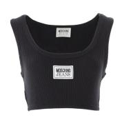 Moschino Räfflad Crop Top med Logopatch Black, Dam