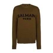 Balmain Intarsia-Knit Logo Sweater Green, Herr