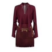 Elisabetta Franchi Bordeaux Georgette Skjortklänning med Frans Red, Da...