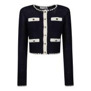 Self Portrait Contrast Trim Cardigan Blue, Dam