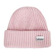 Ganni Ribbstickad Beanie Pink, Dam