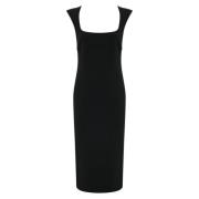 Pinko Svart Crepe Midi Klänning Fyrkantig Hals Black, Dam