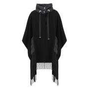 Herno Svart Ull Poncho med Fransar Black, Dam