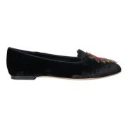 Dolce & Gabbana Svart Velvet DG Heart Loafers Flats Black, Dam