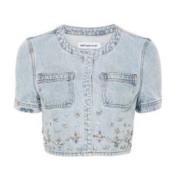 Self Portrait Denim Snap Closure Boxy Top Blue, Dam