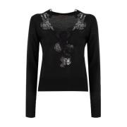 Ermanno Scervino Blommig Spets V-ringad Stickad Tröja Black, Dam