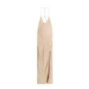 The Nina Studio Satin V-ringad Klänning med Frontal Slits Beige, Dam