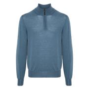 Canali Merinoull Half-Zip Stickat Blue, Herr