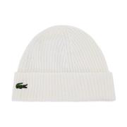 Lacoste Räfflad Stickad Logo Beanie - Vit White, Herr