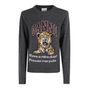 Ganni Tiger Grafisk Ull Crewneck Tröja Gray, Dam