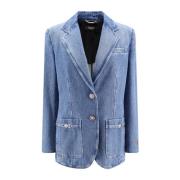 Versace Blå Denim Blazer med Medusa Knappar Blue, Dam