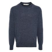 Canali Merinoull Crew-neck Stickat Blue, Herr