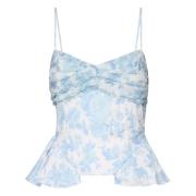 For Love & Lemons Vit Blå Draperad Topp med Tunna Band Blue, Dam