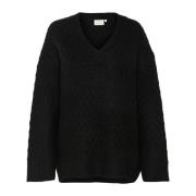 Kaffe Svart Djup Stickad Tröja Sweater Black, Dam