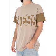 Guess Bomull Logo T-shirt - Beige Rund Hals Kort Ärm Beige, Herr