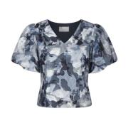 Neo Noir Blommig Brokad Statement Blus Gray, Dam