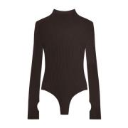 Courrèges Brun Ribbstickad Bodysuit med Hög Hals Brown, Dam