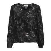 Cream Abstrakt Blomma V-ringad Blus Black, Dam