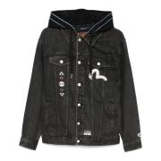 Evisu Svart Denim Patchwork Huva Jacka Black, Herr