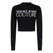 Versace Jeans Couture Svart Cropped Tröja med Broderad Logotyp Black, ...