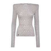 Philipp Plein Spets Logo Tröja Båtringad Metallic Gray, Dam