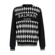 Balmain Diamant Jacquard Crewneck Sweater Vit White, Herr