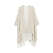 Brunello Cucinelli Beige Ull-Kashmir Blandning Fransig Cape Beige, Dam