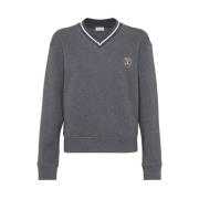 Brunello Cucinelli Grå Bomull V-ringad Sweatshirt med Stripe Trim Gray...