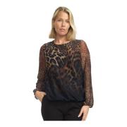 2-Biz Leopardmönstrad Mesh Ärm Blus Brown, Dam