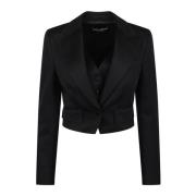 Dolce & Gabbana Gabardine Cropped Jacka med Peak Revers Black, Dam