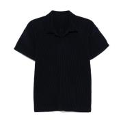 Issey Miyake Navy Blue Plissé Polo Shirt Blue, Herr