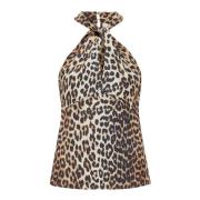 Ganni Leopard Print Satin Halter Top Brown, Dam