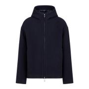 Emporio Armani Blå ull huva kappa full zip fickor Blue, Herr