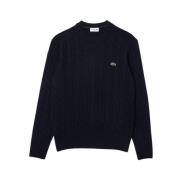 Lacoste Chunky Stickad Rund Hals Tröja med Kabelmotiv Blue, Herr