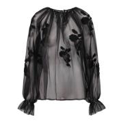 Ermanno Scervino Blommig spetsblus med rynkad halsringning Black, Dam